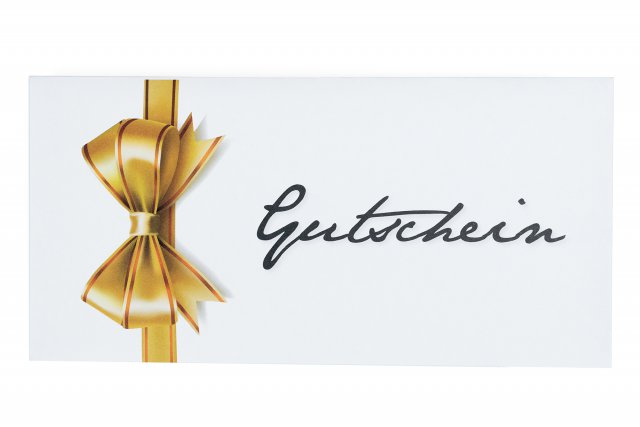 Briefumschläge DIN Lang, Weiß mit Druck, Gutschein Gold-Schleife längs